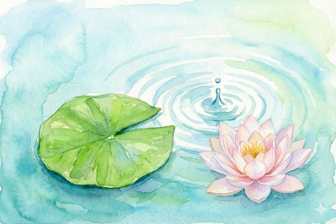 水面に広がる波紋とハス